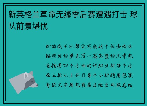 新英格兰革命无缘季后赛遭遇打击 球队前景堪忧